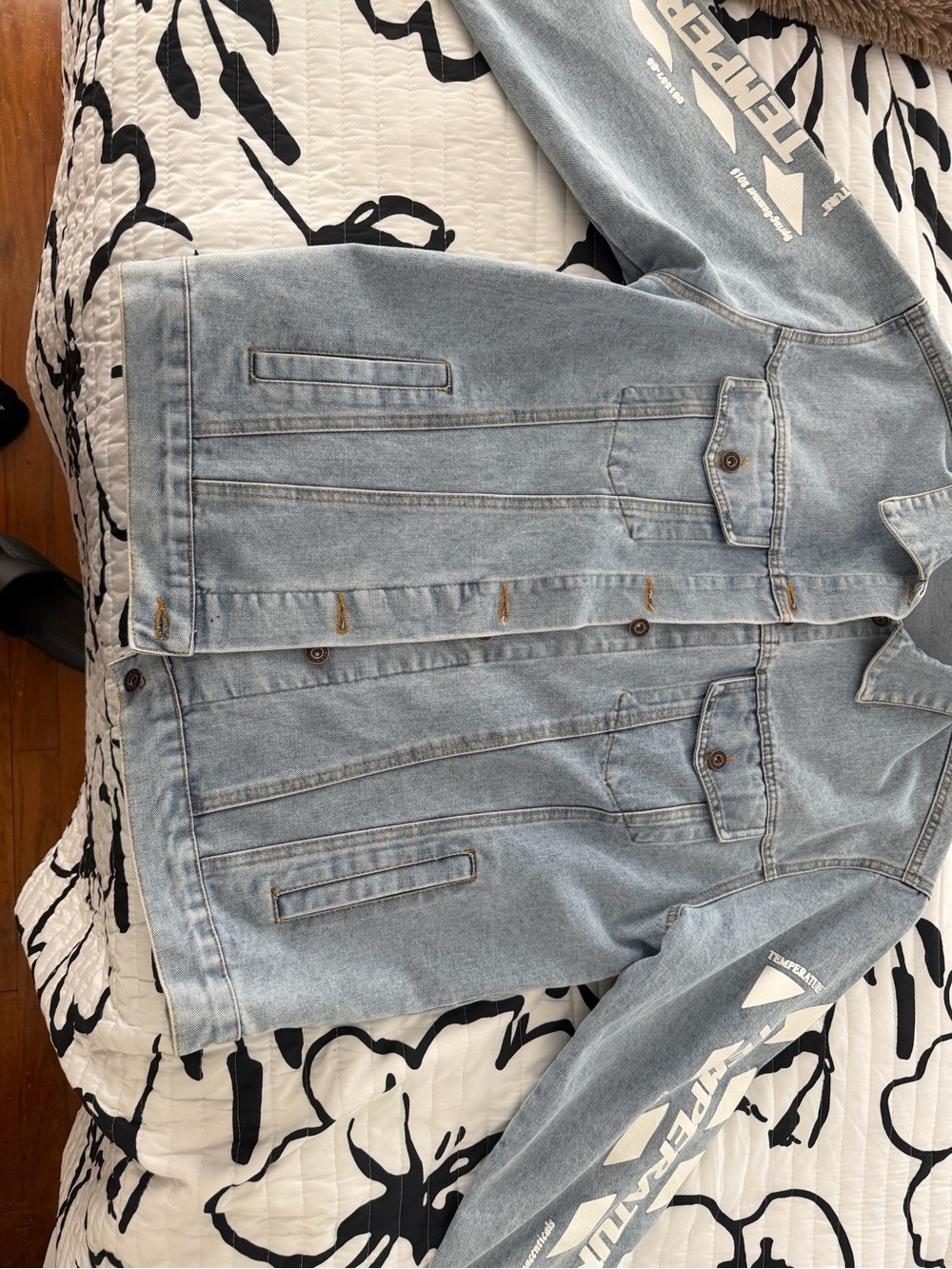 Off-White Light Blue Denim Shirt Jacket with White Sleeve Print